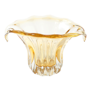Mid-Century Hand-Blown Murano Citrine Glass Vase With Fluted Curved Opening