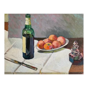 Anthony A. Ferrara - Impressionist Still Life With Wine and Oranges, Signed (1951, Oil on Board)