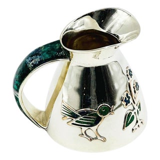 1960s Los Castillo Taxco Malachite & Silver Plate Bird Pitcher For Sale