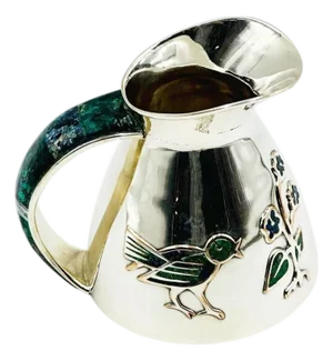 1960s Los Castillo Taxco Malachite & Silver Plate Bird Pitcher