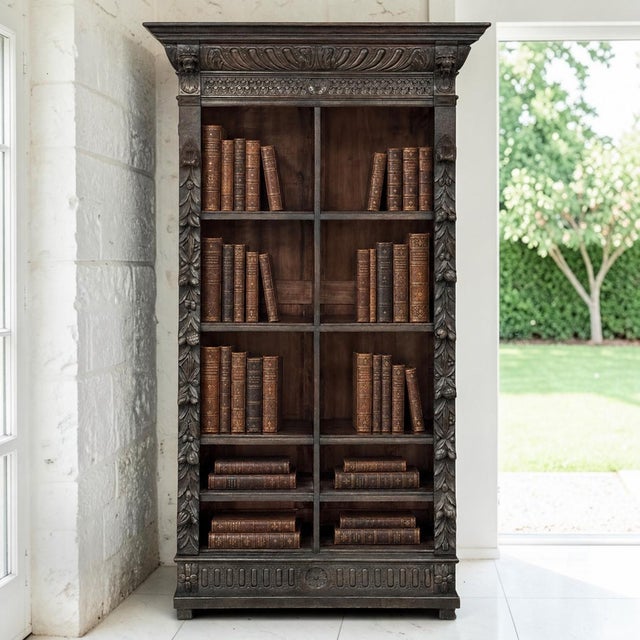 This antique Renaissance Revival oak bookcase is distinguished by its compact architectural form and extensive hand-carved...