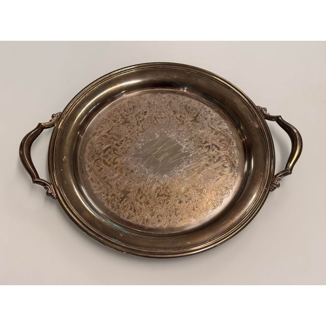 Silverplate Engraved Round Handled Tray, Vintage For Sale - Image 9 of 12