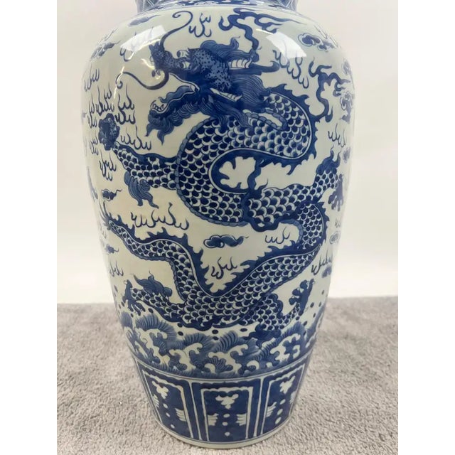 Blue Imperial Chinese Qing Dynasty Style Blue & White Dragon Porcelain Vase For Sale - Image 8 of 10