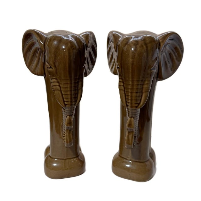 Mid-Century Modern Vintage Mid Century Modern Ceramic Elephant Bookends - Glazed Brown - Pair For Sale - Image 3 of 5
