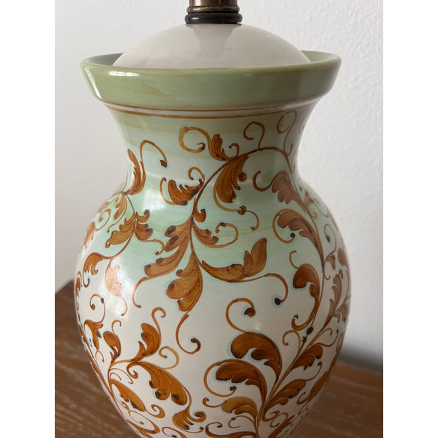 Mid 20th Century Vintage Hand-Painted Italian Style Ceramic Table Lamp With Ochre Scrollwork & Celadon Green Accents For Sale - Image 5 of 11