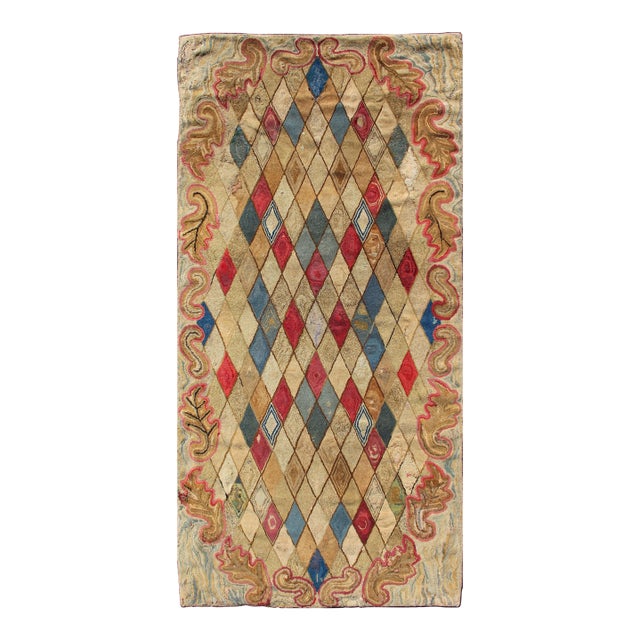 Colorful 19th Century Antique American Hooked Rug With Diamond Design 4'1 X 8'8 For Sale