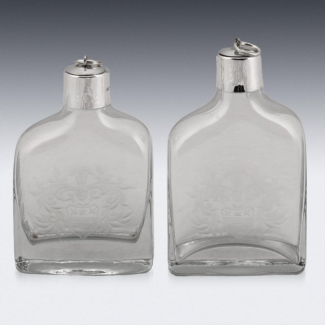 21st Century English Silver Mounted Glass Decanters with Heraldic Engraving, 2007, Set of 2 For Sale - Image 13 of 14