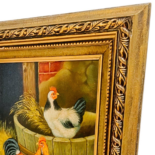 Late 20th Century Late 20th Century Framed Rustic Chickens & Rooster Trio in Barnyard Oil Painting For Sale - Image 5 of 8