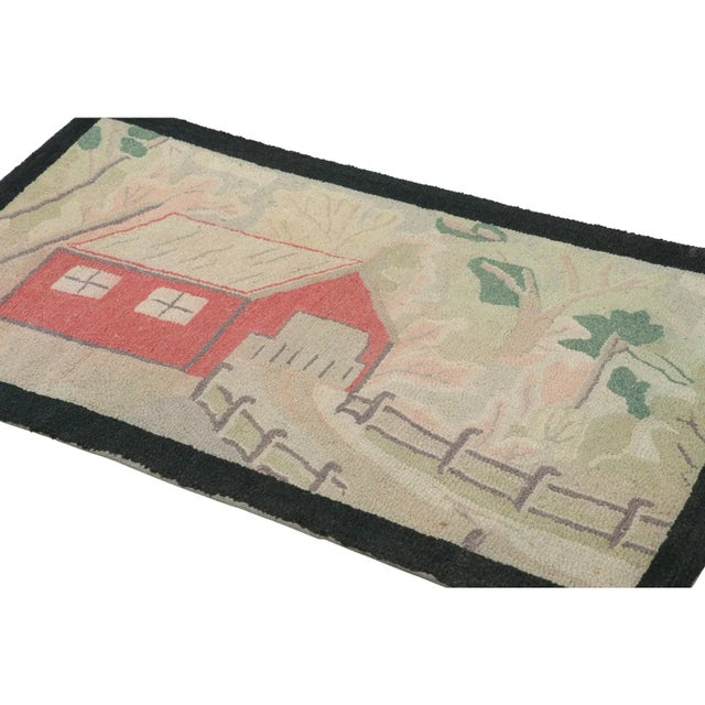 Rug & Kilim Antique Hooked Rug With Farm Pictorials in Cream and Green, From Rug & Kilim For Sale - Image 4 of 7