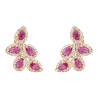 Luxury 14k Yellow Gold 1.83ct Pear Ruby Diamond Floral Stud Earrings- A Pair For Sale
