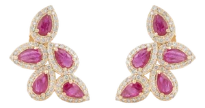 Luxury 14k Yellow Gold 1.83ct Pear Ruby Diamond Floral Stud Earrings- A Pair