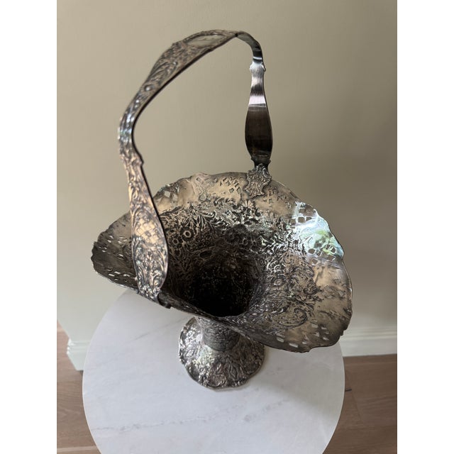 Late 19th Century Victorian Silver-Plated Bride’s Basket With Reticulated Rim & Repousse Decoration, C. 1880s — Monogrammed “A” For Sale - Image 5 of 9