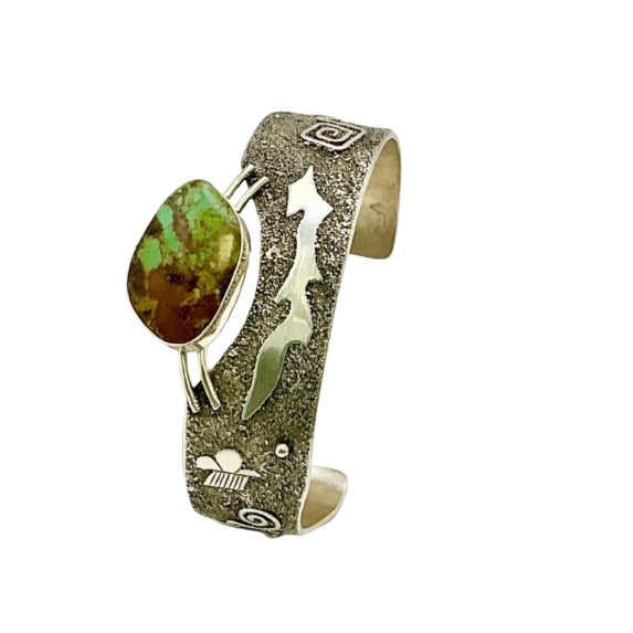 1990s Vintage Southwestern Navajo American Silversmith Fritson Toledo Sterling & Green Turquoise Cuff Bracelet - 7” For Sale