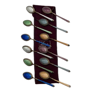 Set of 12, Thomae Company Heavily Enameled Sterling Silver Demitasse Spoons