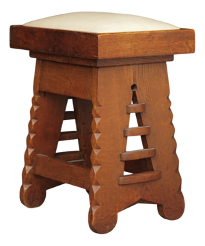 Amsterdam School Oak and Linen Stool in the manner of Architect CJ Blaauw, 1920s