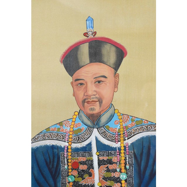 Textile Pair Vintage Chinese Ancestral Painted on Silk Framed Portraits For Sale - Image 7 of 8