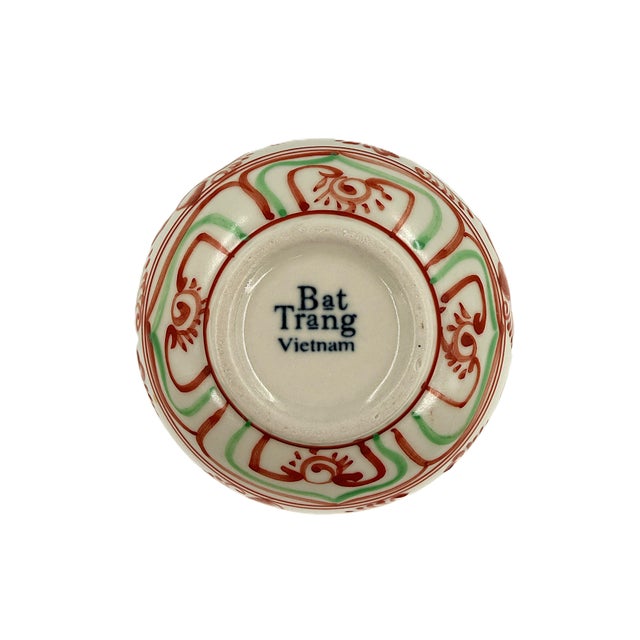 Set of 6 Bat Trang Vietnamese Ceramic Multipurpose Bowls Hand Painted in Red and Celadon Lotus Floral Motif For Sale - Image 4 of 11