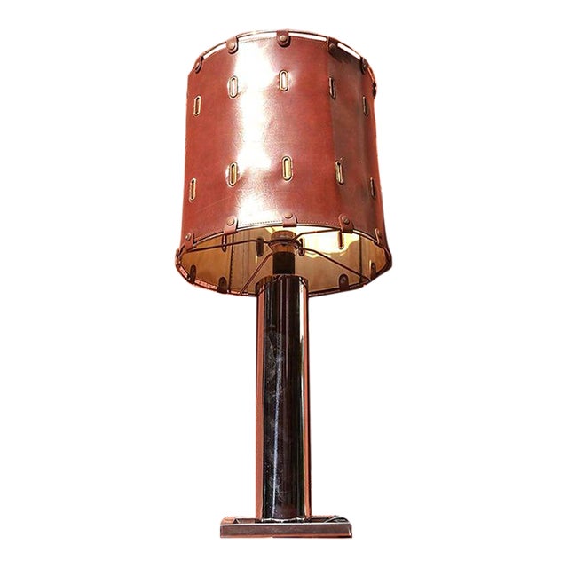 1960s Brutalist Italian Leather & Chrome Table Lamp For Sale