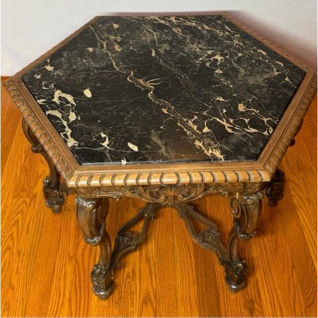 Vintage Italian Renaissance Style Carved Walnut Table Marble Top For Sale - Image 6 of 6
