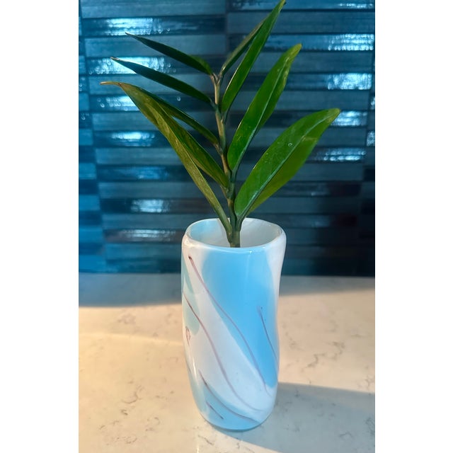 Beautiful art glass vase in opaque white, aqua and red lines, modern abstract design, made in Italy 1980's Murano style....