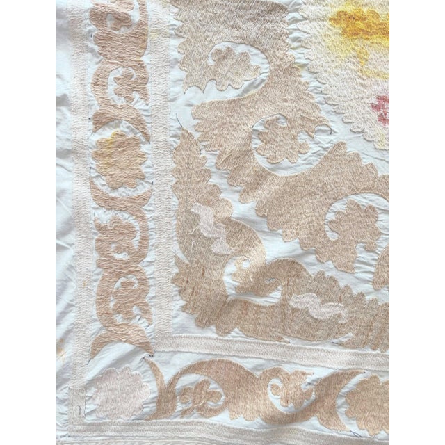 Hand-Embroidered Neutral Tan Suzani Wall Hanging, 5' X 5'1'' For Sale - Image 4 of 9