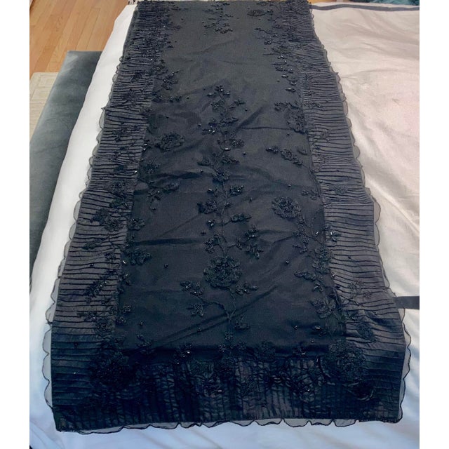 Black Victorian Floral Embroidered Beaded Lace TulleTaffeta Throw / Table Runner For Sale - Image 8 of 10