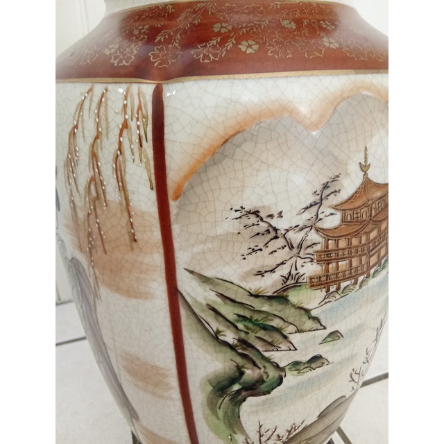 1930s Asian Ceramic + Wood Satsuma Crackle Glaze Hand Painted 32" Lamp For Sale - Image 15 of 15