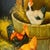 A classic farmhouse style vintage framed oil painting depicting a handsome rooster and two hens against a cozy barnyard...