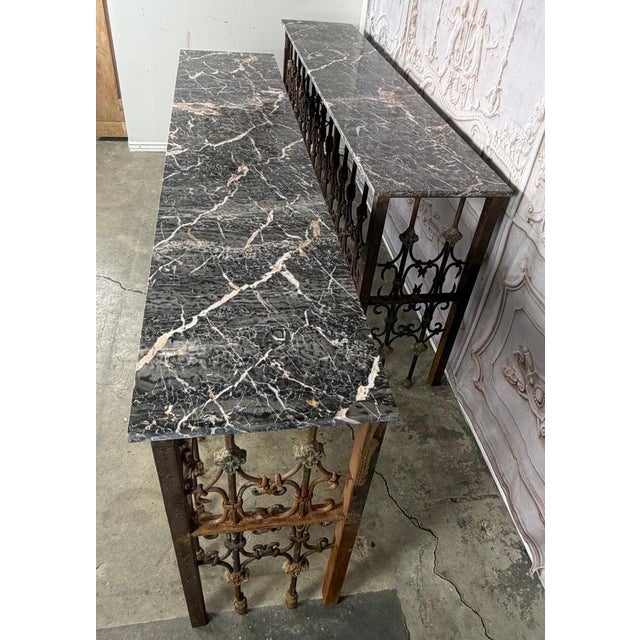 Pair of 19th Century Wrought Iron Consoles With Marble Tops For Sale - Image 4 of 18