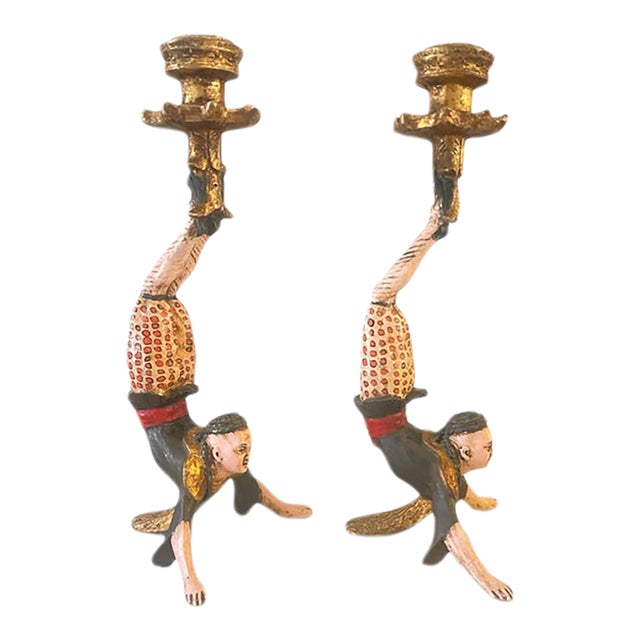 Vintage Hand-Painted Chinese Acrobat Candlestick Holders - A Pair For Sale