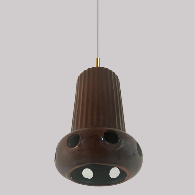 1970s Brown Glazed Ceramic Pendant Lights, Germany, 1970s, Set of 3 For Sale - Image 5 of 15