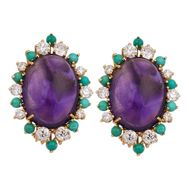 Vintage Diamond Amethyst Turquoise 18k Yellow Gold Cluster Earrings, A Pair For Sale