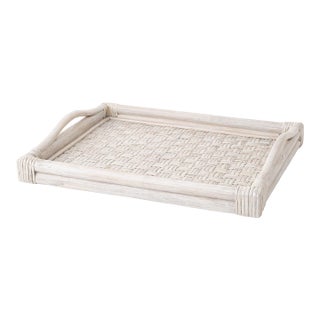 Vintage Bamboo & Woven Rattan Serving Tray — Coastal Breeze Whitewashed Tray With Handles, 22” X 19” For Sale