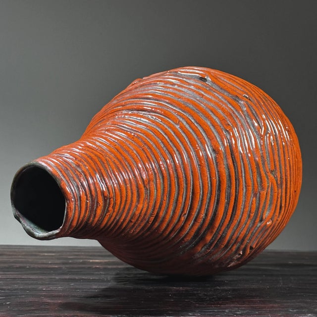 Vintage Hand Coiled Orange Postmodernist Glazed Ceramic Vase, Signed (1973) For Sale - Image 4 of 11
