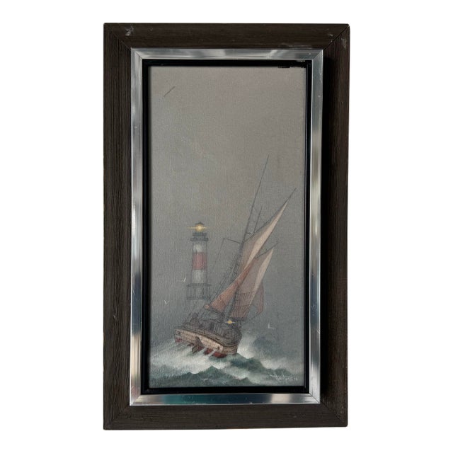 1978 Vintage Nautical Seascape With Sailing Vessel and Lighthouse — Oil on Canvas Painting by Henry P. For Sale
