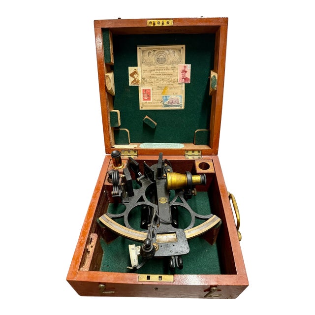 Nautical Marine Sextant by H. Hughes, London 1944 Original Mahogany Box, No Key For Sale
