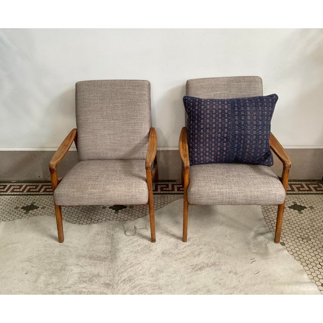 Pair of MCM French Upholstered Wooden Armchairs For Sale - Image 11 of 11