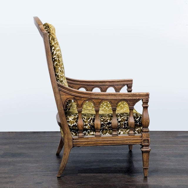 1990s Thomasville Vintage Lounge Chair With Carved Wood Frame and Green Floral Upholstery For Sale - Image 5 of 8