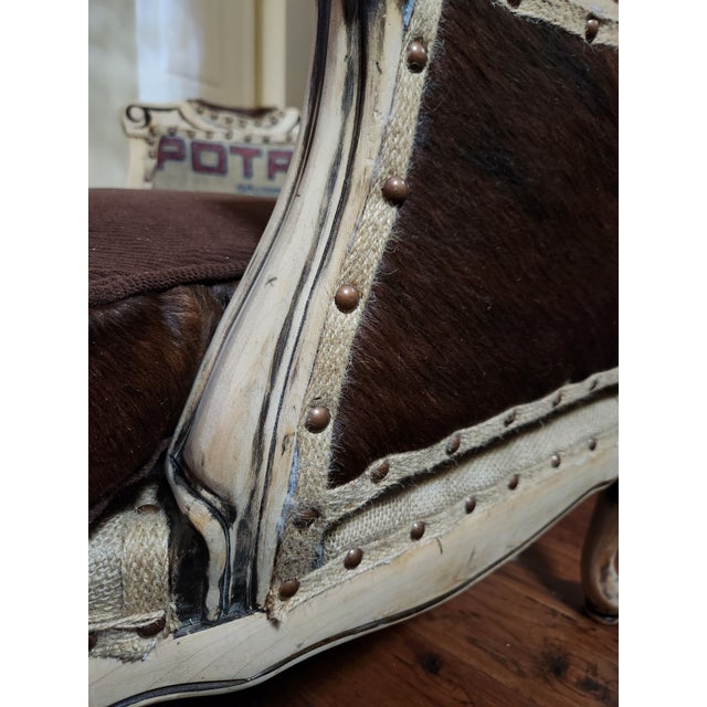 Animal Skin One-of-a-Kind Cowhide & Vintage Feed Sack Wingback Chair For Sale - Image 7 of 7