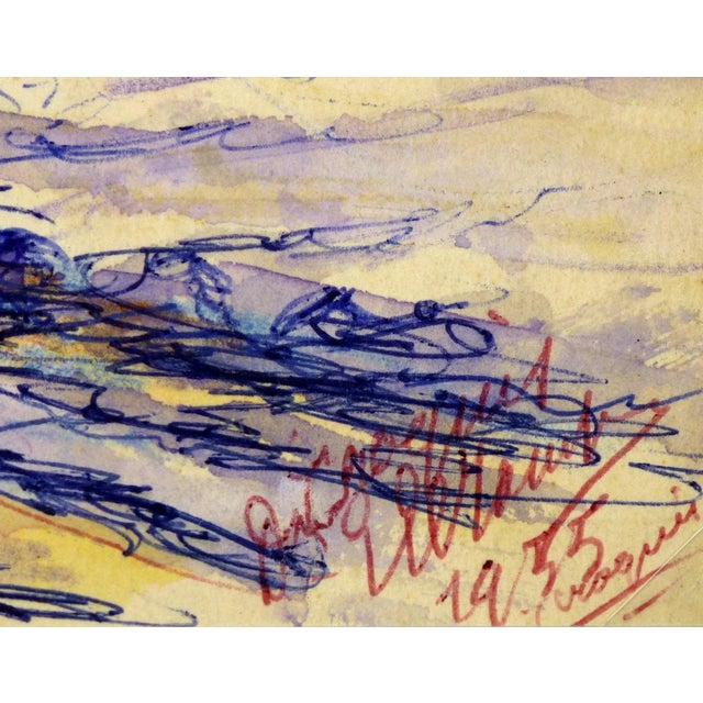 French watercolor and ink painting of a snowy landscape reflecting the coral light of sunrise, 1955. Signed and dated...