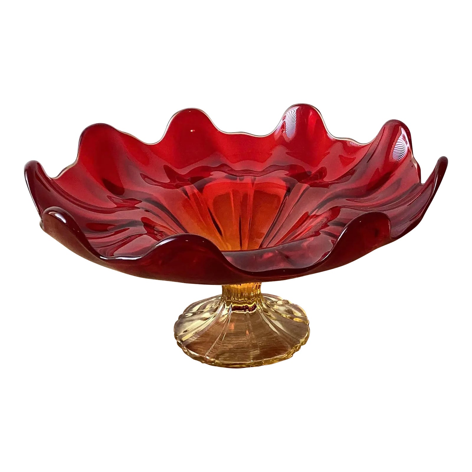 Mid Century Modern Red Amberina Glass Footed Centerpiece Fruit Bowl