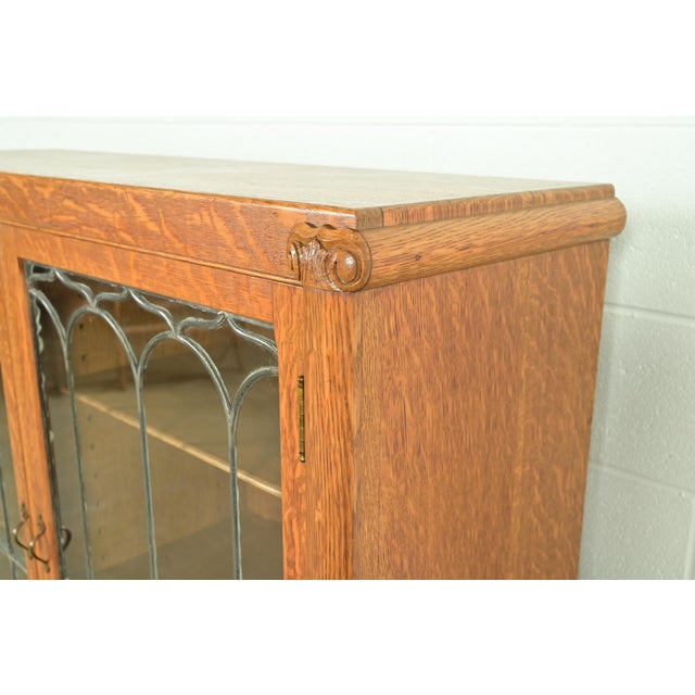 R. J. Horner Style Antique American Empire Carved Tiger Oak Double Bookcase Cabinet With Leaded Glass Doors, Circa 1890s For Sale - Image 9 of 14