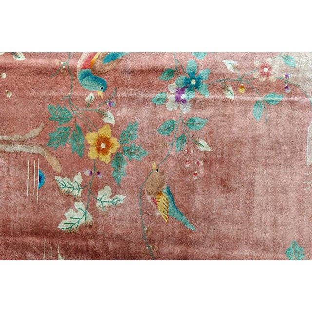 Art Deco 1920s Scenic Coral Antique Chinese Art Deco Bird Knotted Wool Carpet Rug For Sale - Image 3 of 11