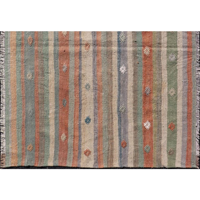 Mid 20th Century Colorful Vintage Turkish Flat-Weave Kilim Rug With Geometric Striped Design For Sale In Atlanta - Image 6 of 10