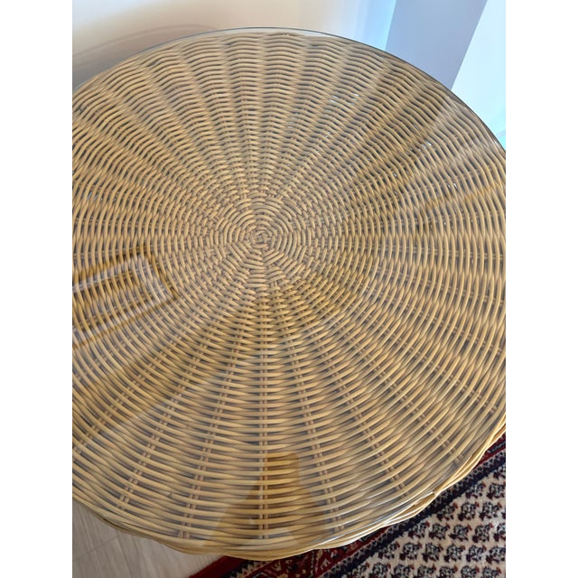 1980s Vintage Woven Wicker Pedestal Side Table With Glass Top For Sale - Image 5 of 5