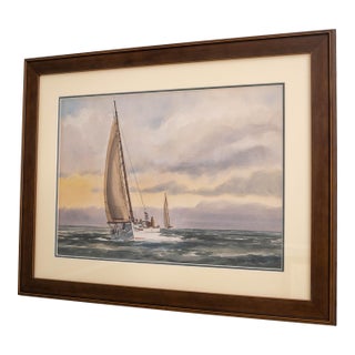 "Rounding Home" Sailboat Watercolor Painting Signed James Drake Iams For Sale