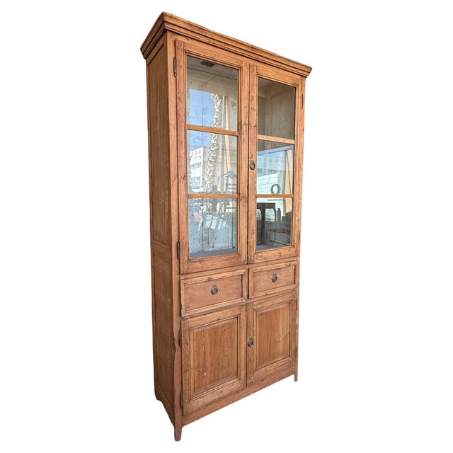 19th Century Large & Narrow Cupboard or Bookcase with Glass Vitrine, Pine For Sale - Image 10 of 18