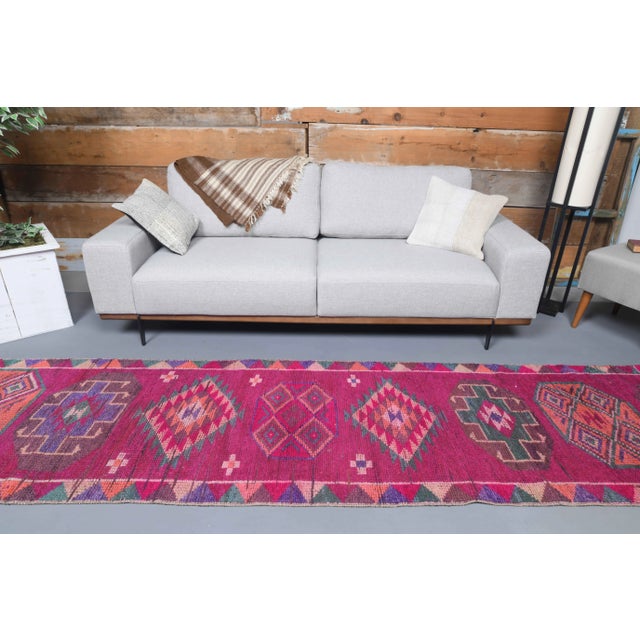 Traditional Vintage Turkish Oushak Handmade Wool Cotton Purple Runner Rug For Sale - Image 3 of 10