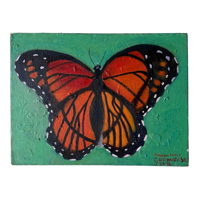 Monarch Butterfly "Freedom to Fly" Mixed Media Folk Art Painting: Signed, Cedric Orange Sr. For Sale