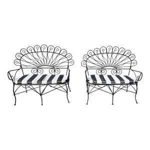 1950s Wrought Iron Salterini Style Peacock Benches - Set of 2